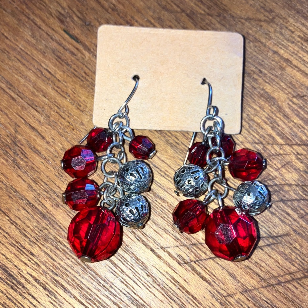 Unique Red and Silver Beaded Dangle Earrings